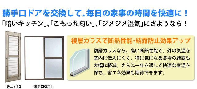 勝手口ドアを交換して、毎日の家事の時間を快適に！「暗いキッチン」、「こもった匂い」、「ジメジメ湿気」にさようなら！複層ガラスで断熱性能・結露防止効果アップ。複層ガラスなら、高い断熱性能で外の気温を室内に伝えにくく、特に気になる冬場の結露も大幅に軽減。さらに一年を通して快適な室温を保ち、省エネ効果も期待できます。