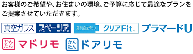 お客様のご希望や、お住まいの環境、ご予算に応じて最適なプランをご提案いたします。真空ガラススペーシア、薄型断熱ガラスクリアFit、プラマードU、マドリモ、ドアリモ